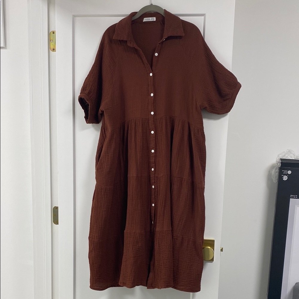 Gauze Brown Button-Down Women's Dress